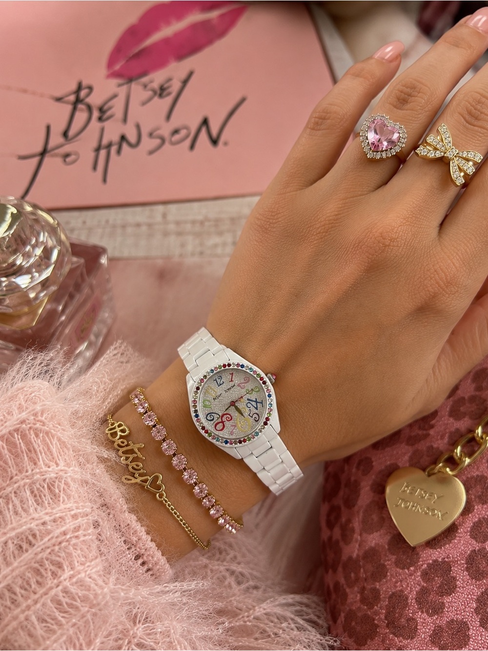 VTG Betsey Johnson White Crystal Rainbow Numbers Bracelet Watch | Rhinestone